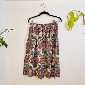 Vintage Paisley Print A-Line Skirt Pleated Midi Floral Cream Red